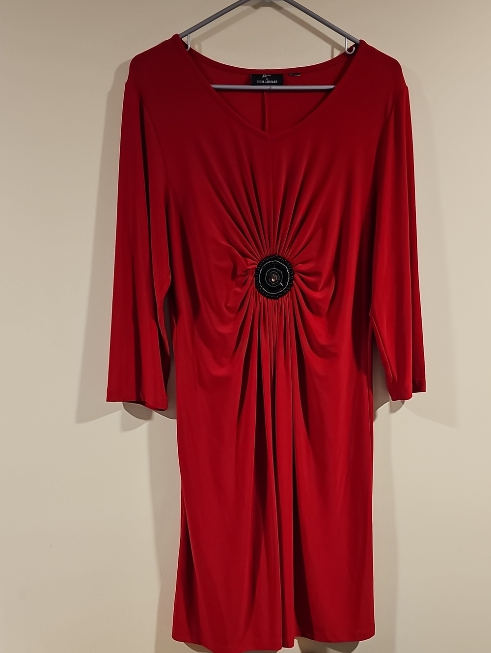 Nina Leonard Red Gathered-Center Dress with Decorative Medallion. Ptp 20".